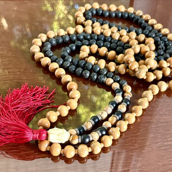 Yoga Jewelry - Buddha Mala Necklace Lava Stone Red Tassel with Separate Wooden Bead Necklace